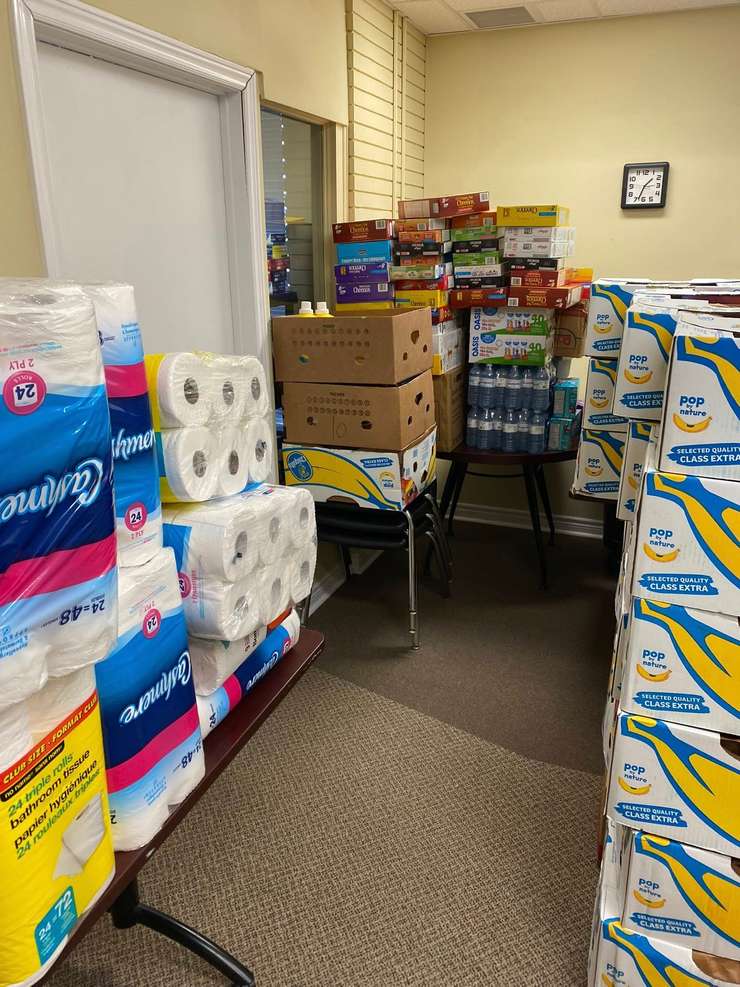 Some of the donations after a Knights of Columbus food donation drive for the Salvation Army of Chatham-Kent food bank. April 2025. (Photo courtesy of Knights of Columbus Council 1412 via Facebook)