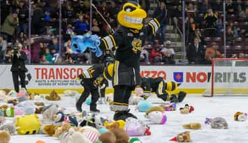 Sarnia Sting host Saginaw in annual Teddy Bear Toss game Sunday, Dec 1, 2024. Photo by Metcalfe Photography. 