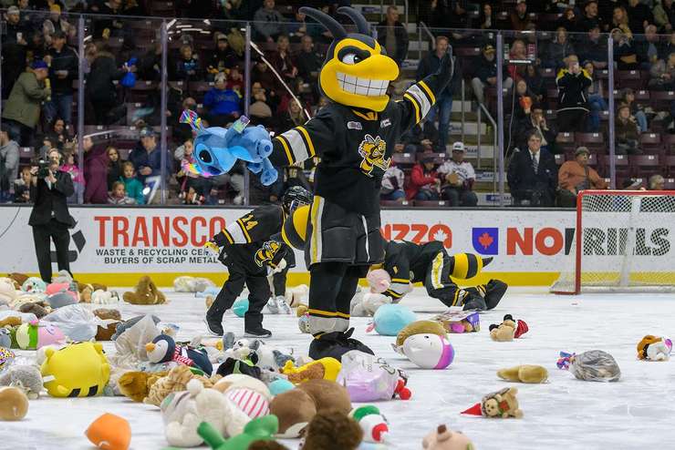 Sarnia Sting host Saginaw in annual Teddy Bear Toss game Sunday, Dec 1, 2024. Photo by Metcalfe Photography. 