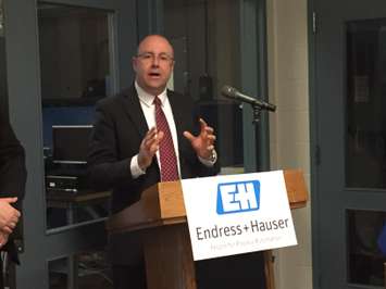 Endress+Hauser CEO Tony Varga speaks at a formal donation recognition presentation at Lambton College. December 18, 2015 (BlackburnNews.com Photo by Briana Carnegie)