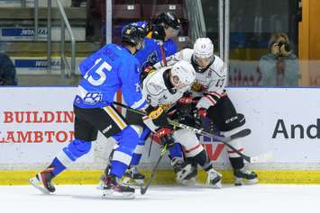 The Sarnia Sting taking on the Owen Sound Attack on Lions Night @ The Sting.  12 October 2022. (Metcalfe Photography) 