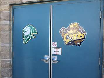 A look at the freshly branded arena doors in Clinton for Huron County Hockey Day, hosted by Tanner Steffler Foundation. (September 14th, 2019 (Photo by Ryan Drury)