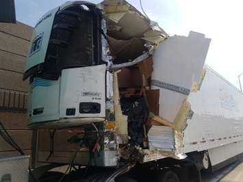 Transport crash, westbound Highway 402 in Sarnia. June 18, 2018 (Photo submitted to Blackburn News Sarnia by Cameron Fields)