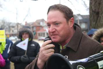 Essex MPP Taras Natyshak speaks at a rally supporting striking public health nurses in Windsor, March 15, 2019. Photo by Mark Brown/Blackburn News.