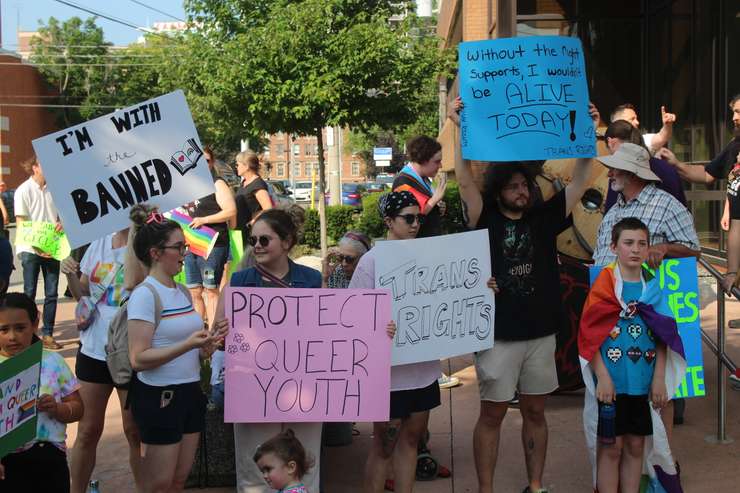 Protestors and counter-protestors outside the Greater Essex County District School Board, June 20, 2023. Photo by Mark Brown/WindsorNewsToday.ca.