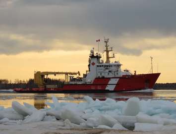 CCGS Samuel Risley performs icebreaking duties on the St. Marys River. March 2021. (Photo by the Canadian Coast Guard).