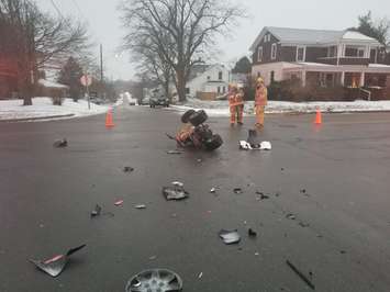 Emergency crews respond to Main Street in Waterford following a two-vehicle crash involving an ATV, December 11, 2018.  (Photo courtesy of the OPP)