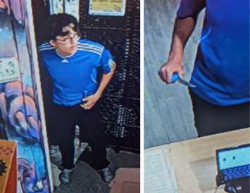 Security camera images of a suspect being sought by Windsor police for a robbery at a Wyandotte Street East business, September 14, 2025. Images provided by Windsor police.