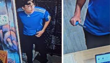 Security camera images of a suspect being sought by Windsor police for a robbery at a Wyandotte Street East business, September 14, 2025. Images provided by Windsor police.