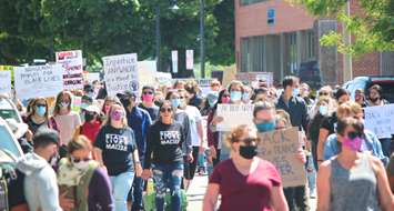 Hundreds march in Sarnia's downtown for  Black Lives Matter rally June 13, 2020 (BlackburnNews.com photo by Dave Dentinger)