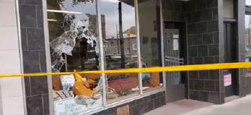 Damage to a business on Robinson Street in Simcoe, August 16, 2020. Photo courtesy of Norfolk OPP.