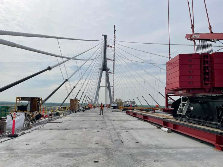 Construction underway on the bridge deck of the Gordie Howe International Bridge, May 14, 2024, (Photo by Maureen Revait) 