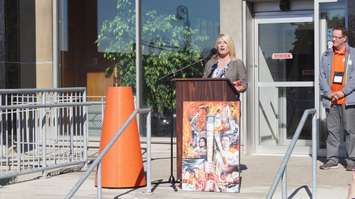 City councilor Cindy Scholten speaks at Pan Am Games celebration outside Sarnia City Hall June 16, 2015 (BlackburnNews.com Photo by Briana Carnegie)