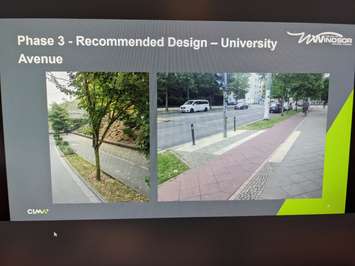 This slide shows a rendering of University Avenue West in downtown Windsor after a street upgrade project. Image from City of Windsor/CIMA Consulting