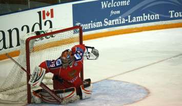 Maxim Kalyayev backstops Russia to U-17 gold medal and is named player of the game. (BlackburnNews.com photo by Dave Dentinger)