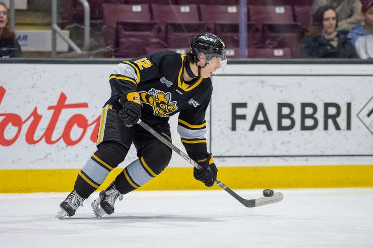 Easton Wainwright against visiting Guelph Storm February 12, 2025. Photo by Metcalfe Photography. 