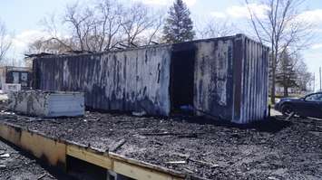 The aftermath of a fire near Pot of Gold pot shop on St. Clair Parkway in Sarnia. 27 April 2020. (BlackburnNews.com photo by Colin Gowdy)