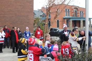 Flag raising ceremony for Rogers Hometown Hockey at the Chatham-Kent Civic Centre on December 12, 2018. Photo by Allanah Wills)