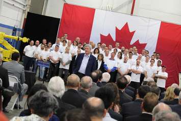 Canadian Prime Minister Stephen Harper makes an announcement at Valiant Machine & Tool in Windsor, May 14, 2015. (Photo by Mike Vlasveld)