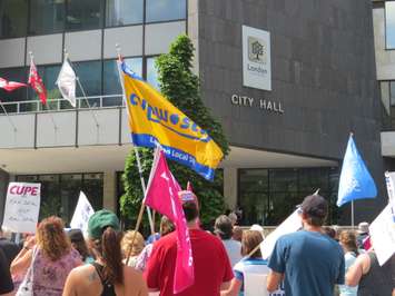 Union members rally outside London's City Hall during CUPE Local 101 inside workers strike. Photo by Ashton Patis. 