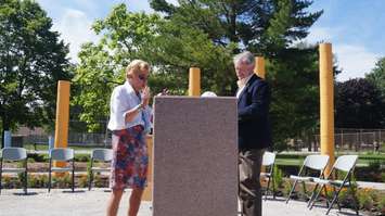 Norma Cox and Mayor Mike Bradley unveil the memorial for the late Mary-Ann Clark June 24, 2015 (BlackburnNews.com Photo by Briana Carnegie)