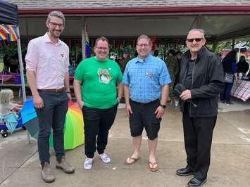 L-R: Perth-Wellington MPP Matthew Rae, Minto Pride Committee member Brayden Scott, Perth-Wellington MP John Nater and Minto Mayor Dave Turton at the Minto Pride in the Park 2023 event. (Photo by Ryan Drury)