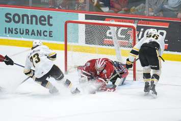 The Sarnia Sting taking on the Guelph Storm in Game 3 of the opening round playoff series. 4 April 2023. (Metcalfe Photography)