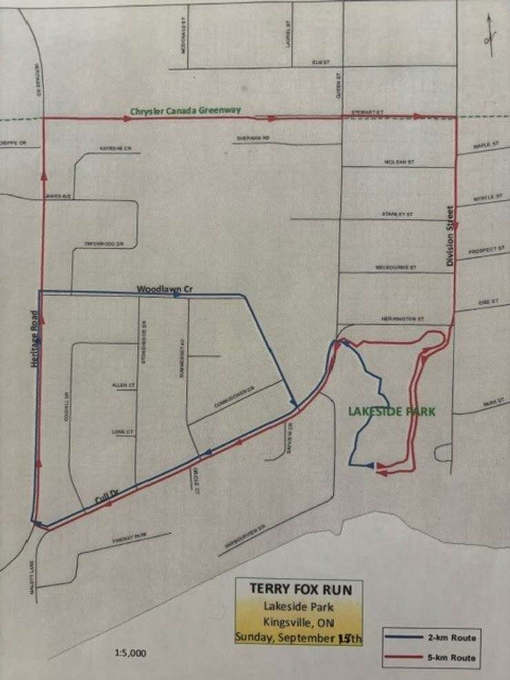 The route of the Terry Fox Run in Kingsville for September 15, 2024. Image courtesy Terry Fox Foundation official website.
