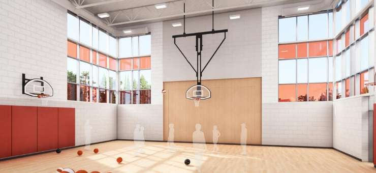 Gymnasium rendering at Sacred Heart Catholic School in Sarnia, looking towards drop down stage. January 28, 2025. (Image courtesy of St. Clair Catholic District School Board report. Rendering by Cornerstone Architecture)