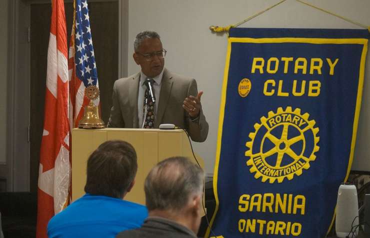 Deve Persad speaks at Rotary Club of Sarnia meeting. April 16, 2024. (Photo by Natalia Vega)