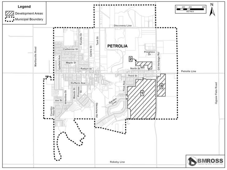 Development Charges Map. February 2024. (Image courtesy of the Town of Petrolia, created by B. M. Ross and Associates Limited)