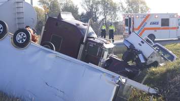 A collision between a pickup truck and transport truck. 6 November 2020. (BlackburnNews.com photo by Colin Gowdy)