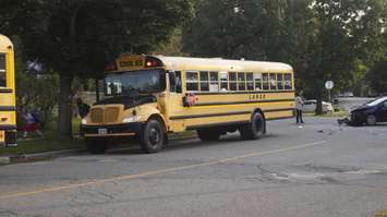 The scene of a collision between a vehicle and a school bus on Murphy Road. (BlackburnNews.com photo by Colin Gowdy)