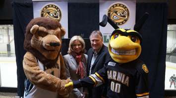 Lambton College President Judith Morris and the Sarnia Sting Hockey Club's President Bill Abercrombie announce a formal partnership between both parties. January 25, 2016 (BlackburnNews.com Photo by Briana Carnegie)