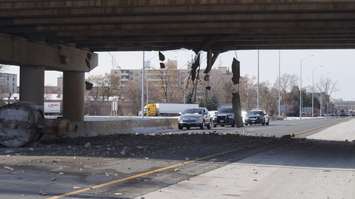 Transport truck load hits Indian Rd. overpass. November 23, 2015 (BlackburnNews.com Photo by Briana Carnegie)