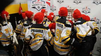 Major Atom Lambton Sting AAA surprised with the Stanley Cup before practice. Dec.16, 2015. Photo by Jake Jeffrey (blackburnnews.com)