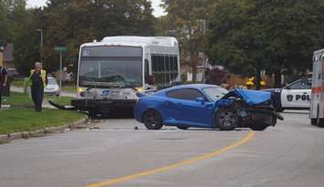 Collision involving city bus at Trudeau Drive and Turner Drive in Sarnia. September 28, 2023. (Photo by Natalia Vega)