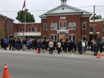 The newly renovated front of the Blyth memorial Hall, with a crowd gathered outside for the unveiling. May 19th, 2017 (Photo by Ryan Drury)