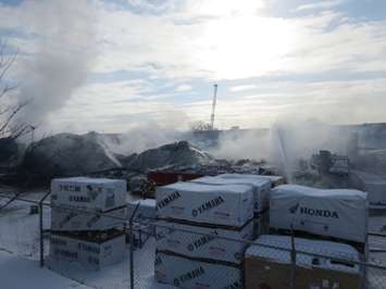 A rear storage warehouse at Hully Gully on Wharncliffe Rd. destroyed by fire, December 28, 2017. (Photo by Miranda Chant, Blackburn News)