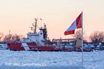 CCGS Samuel Risley passes by Port Lambton on the St. Clair River to provide icebreaking assistance to commercial shipping.  Photo courtesy of Richard Dompierre. 