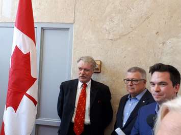 Mayor Mike Bradley, Safety Minister Ralph Goodale and Olivier Culler at the Bud Cullen dedication. August 10, 2018. (Photo by Colin Gowdy, BlackburnNews)