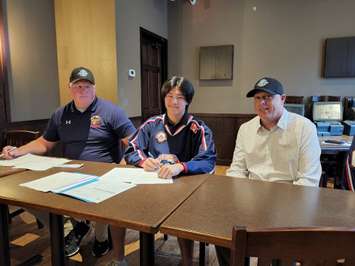 Flyers GM Dennis Meston (L), Joseph Malinowski (C), Flyers Head Coach Chris Fryfogle (R) - June 6/22 (Blackburn Media photo by Josh Boyce)