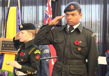 Students at St. Joseph's High School and cadets honour Cpl. Andrew Grenon, November 11, 2014. (photo by Mike Vlasveld)