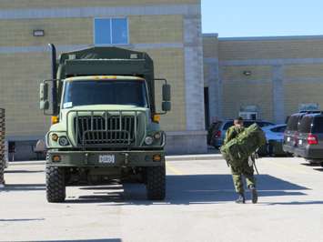 Troops from the 31 Canadian Brigade Group load up their vehicles at Wolseley Barracks to depart for Kingston, May 8, 2017. (Photo by Miranda Chant)