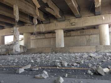 Transport truck load hits Indian Rd. overpass. November 23, 2015. Submitted photo courtesy of Connie Hart.