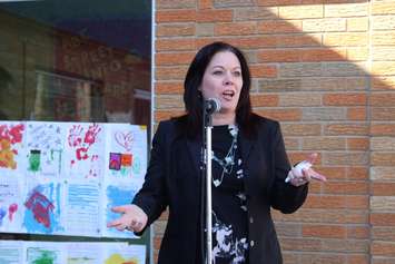 MPP Lisa Gretzky attends a rally at ABC day Nursery in Windsor to voice opposition to proposed provincial child care regulations, March 17, 2016. (Photo by Maureen Revait) 