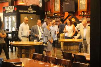 TWEPI president and CEO Gordon Orr, second from left, and Windsor city councillor Tom Morrison of Ward 10, far right, are among those at the launch of the online Walkerville walking tour, Walkerville Brewery, July 19, 2019. Photo by Mark Brown/Blackburn News.