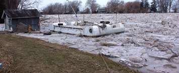 River waters less than a foot away from spilling over the dike and into local residential properties. February 8, 2019. (Photo by Greg Higgins)