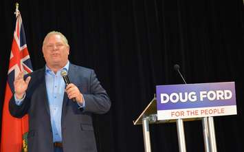 Ontario Progressive Conservative leader Doug Ford takes the stage at a rally in Mildmay Thursday, April 19, 2018 (Photo by Jordan MacKinnon)