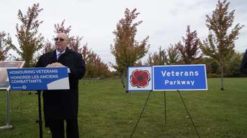 Sarnia-Lambton MPP Bob Bailey speaks during the Veterans Parkway sign unveiling in Heritage Park. October 16, 2019. (BlackburnNews.com photo by Colin Gowdy)